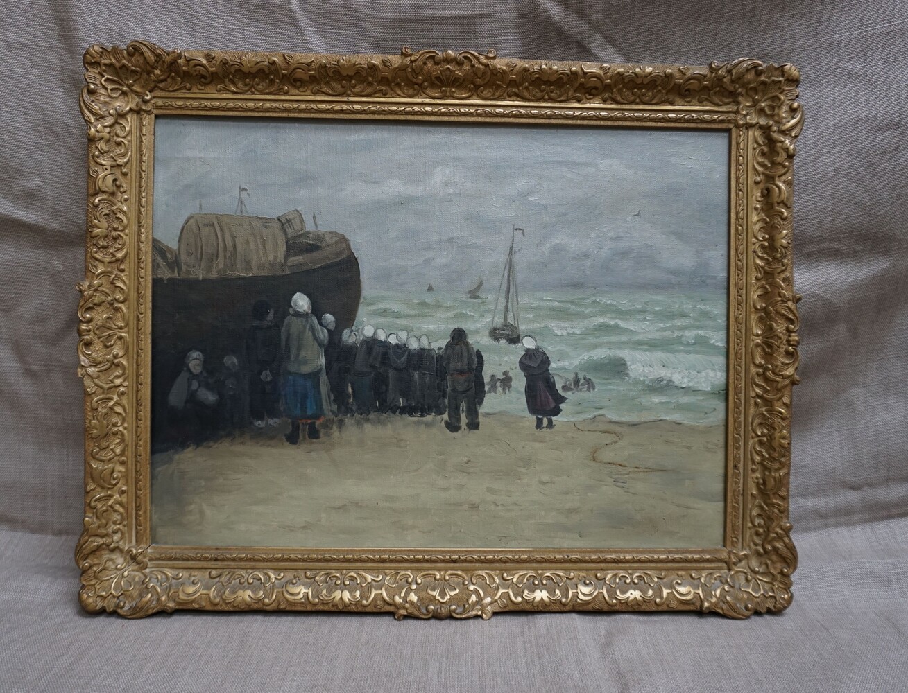 Beach scene with fisherfolkSOLD