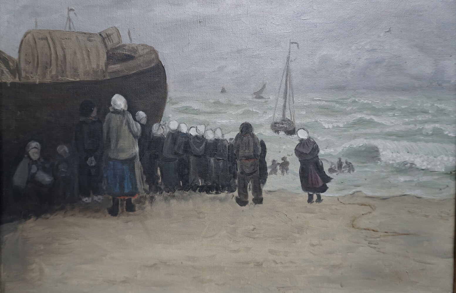 Beach scene with fisherfolkSOLD