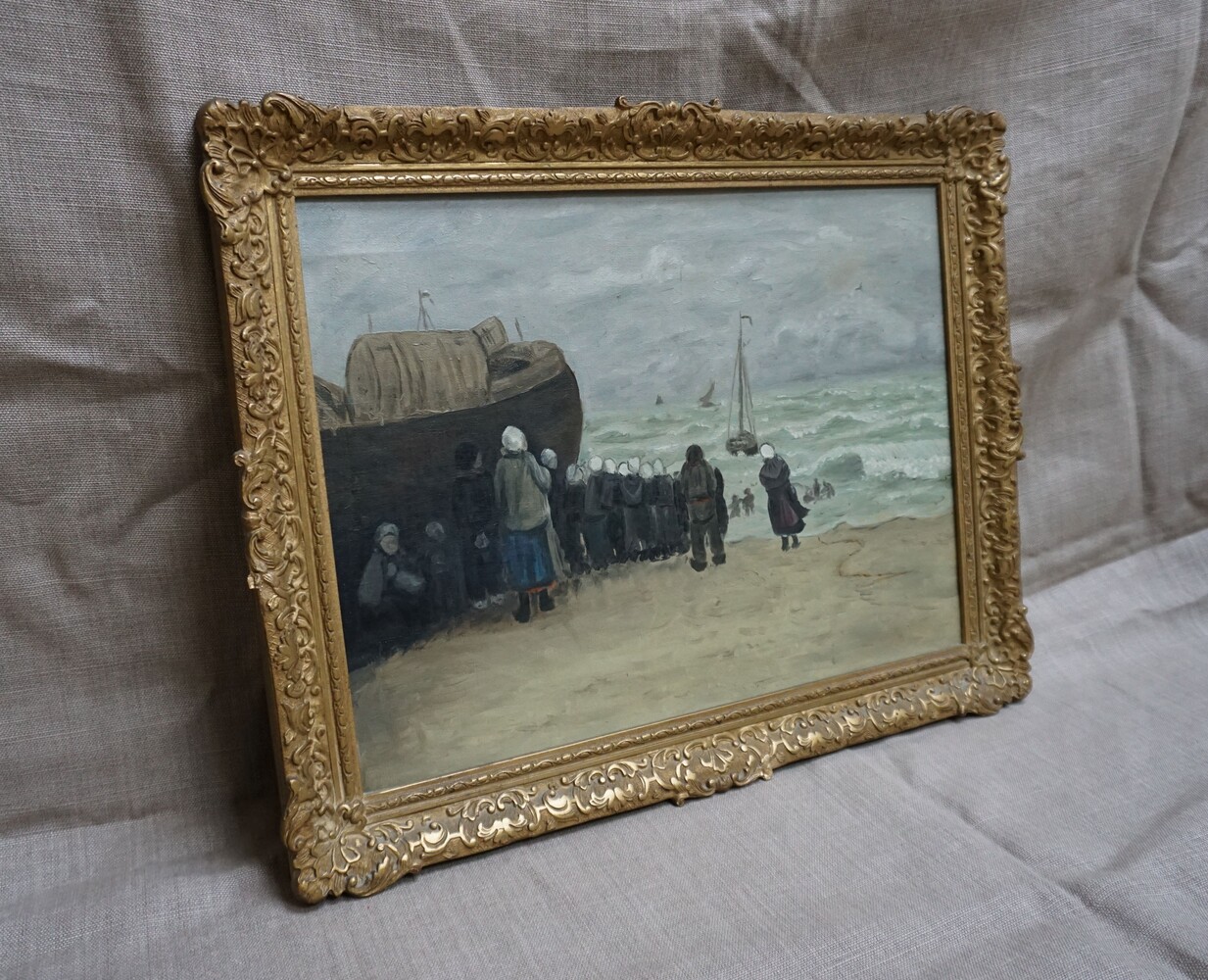 Beach scene with fisherfolkSOLD