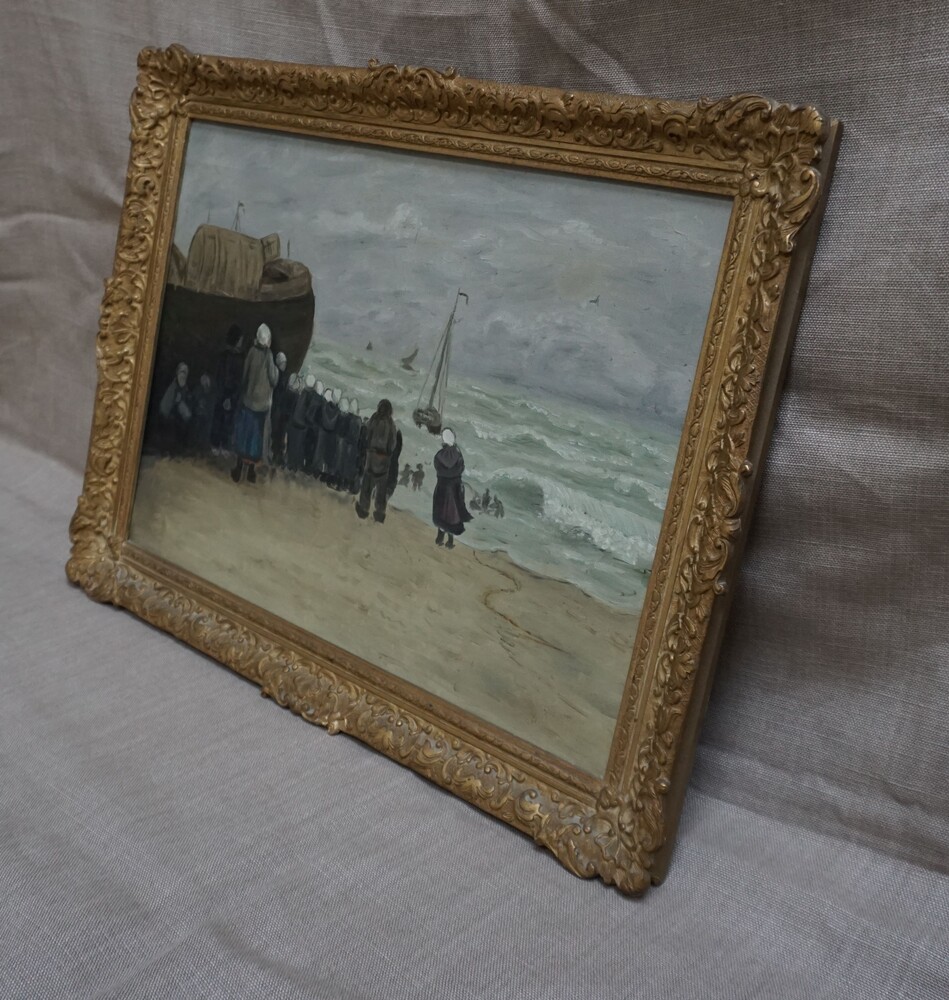 Beach scene with fisherfolkSOLD