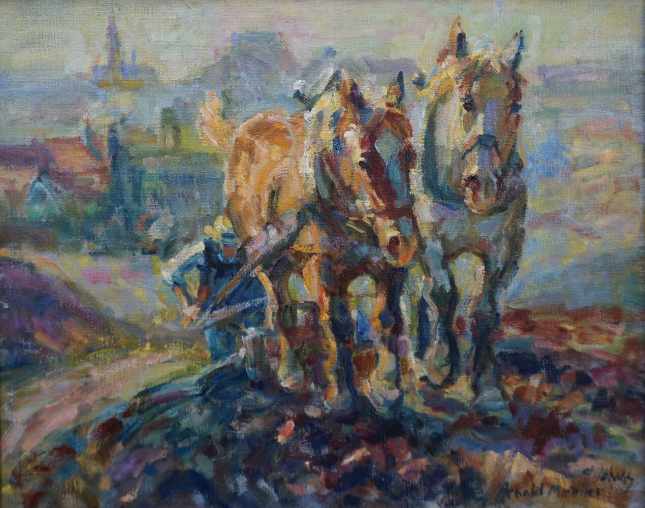 Ploughing with horses and farmerSOLD